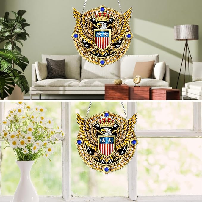 MXJSUA Crown Eagle Diamond Painting Art Window Suncatchers, Diamond Art Kits for Adults Hanging Ornaments with Chain, 5D Special Shape Crystal Diamond Pendant Accessories for Decor Gift 8x8 Inch