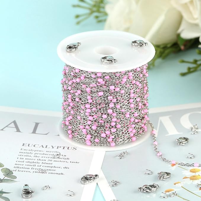 UMAOKANG 10 Meters Stainless Steel Chain for Jewelry Making Pink Enamel Beaded Chains Bulk Women Necklace Bracelet DIY Jewelry Findings
