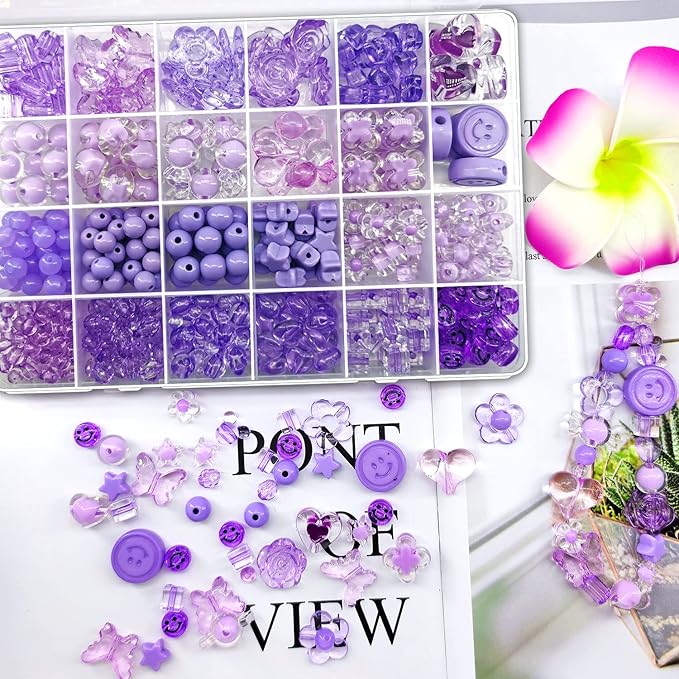 450Pcs Purple Series Acrylic Assorted Beads Flower Heart Star Smile Butterfly Mickey Candy Pastel Beads Plastic Cute Round Bead Bulk for Bracelets Jewelry Making Necklaces DIY Crafts