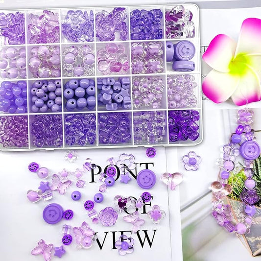 450Pcs Purple Series Acrylic Assorted Beads Flower Heart Star Smile Butterfly Mickey Candy Pastel Beads Plastic Cute Round Bead Bulk for Bracelets Jewelry Making Necklaces DIY Crafts