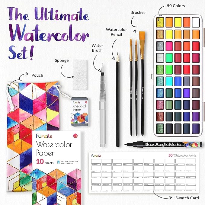 Watercolor Paint Set - 50 Travel Watercolors Set - Water Colors Paint for Adult, Beginners, Professional Artists | Watercolor Palette with Paper, Brush, Pen | Art Supplies for Adults