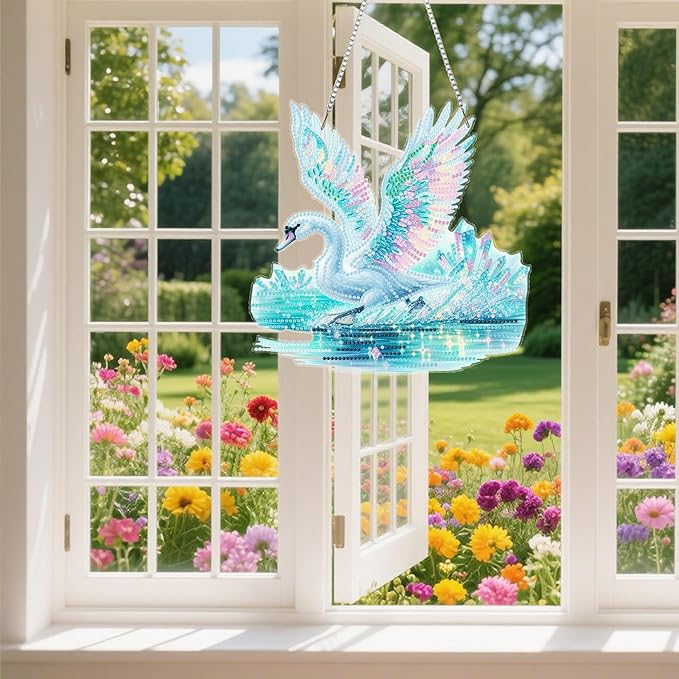 Ristpal Diamond Art Hanging Kits for Adult, Special Shaped Rhinestone, DIY Acrylic Diamond Art Painting Window Pendants Home Garden Wall Hanging Kits for Home Decor and Gifts (Swans)