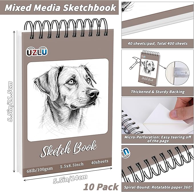 10 Pcs Sketch Books Bulk 5.5 x 8.5 in 400 Sheets Top Spiral Bound Sketch Pad Drawing Paper 40 Sheets Each Acid Free Mixed Media Sketchbook 68lb/100gsm Art Supplies for Beginner Artist
