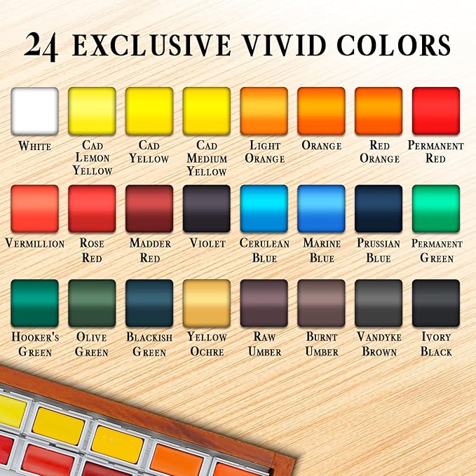 Watercolor Set Professional | 24 Richly Pigmented Colors (XL Pans) in Wooden Box | Artist Grade Watercolor Professional Paint Set