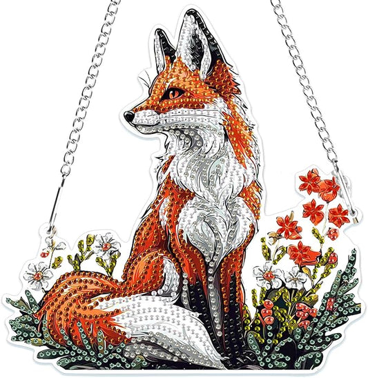MOGTAA Fox Diamond Art Hanging Pendant Kits, 5D Special Shape Diamond Art Kits for Adults, Crystal Rhinestones Flowers Diamond Painting Gem Art for Home Garden Wall Decor