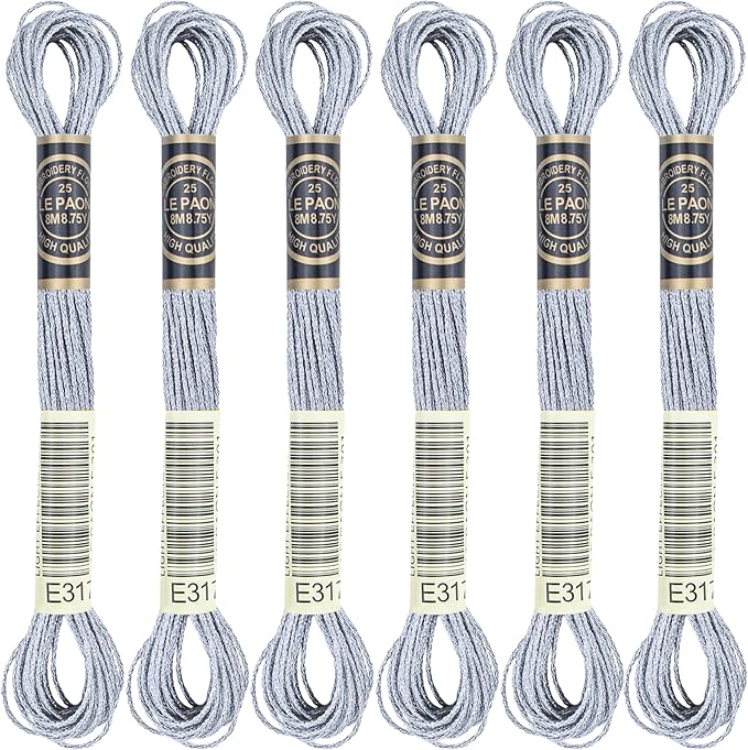 6 Skeins Embroidery Thread, Metallic Grey Embroidery Floss Friendship Bracelet String, Polyester Cross-Stitch Threads for Hand Embroidery, String Art