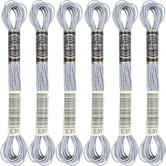 6 Skeins Embroidery Thread, Metallic Grey Embroidery Floss Friendship Bracelet String, Polyester Cross-Stitch Threads for Hand Embroidery, String Art