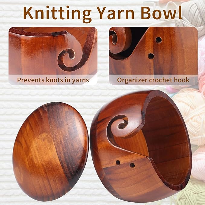 yarn bowl knitting 7x5.1in large wood knitting bowl with lid for yarn skeins round wooden bowl with carved holes crochet hook rests