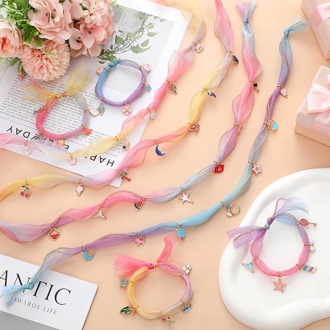 Tondiamo 206 Pcs Jewelry Making Kit DIY Gradient Organza Ribbon Cord Charm Bracelet Making Kit with 100 Charms,100 Jump Rings,4 Voile Ribbons and Tools for Women Arts Craft Birthday Mothers Day Gift