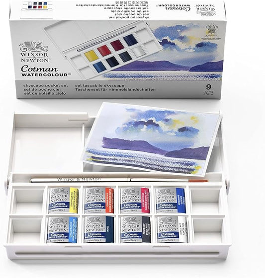 Winsor & Newton Cotman Watercolor Paint Set, 8 Half Pan, Sky Colors w/ Brush