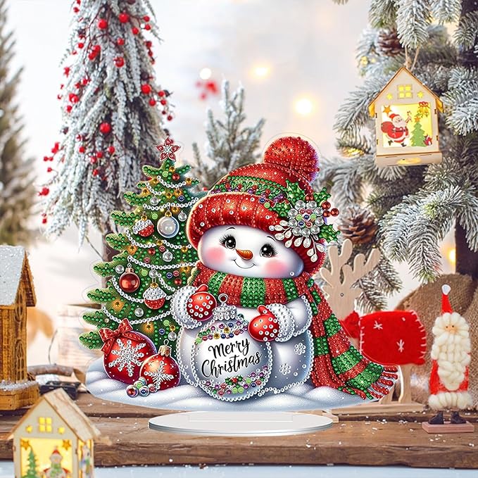 Christmas DIY Diamond Desktop Ornament, Double Sided Special Shaped Diamonds Art Kits, 5D Tabletop Ornaments for Adult Beginner Home Office Decor Crafts Gift (Snowman 02)