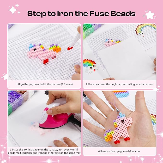 caydo 24 colors fuse beads kit, 5mm ironing beads for kids kit with patterns instruction, 3 pegboards, keychains, accessories & gift box for art and craft project, birthday