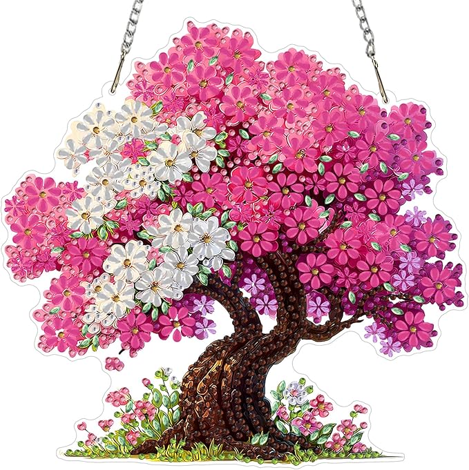 MXJSUA Flower Tree Diamond Art Hanging Kits for Adults Beginners, DIY Acrylic Special Shaped Crystal Flowers Diamond Gem Art Pendant Drills Painting Ornament for Home Wall Decor and Gift