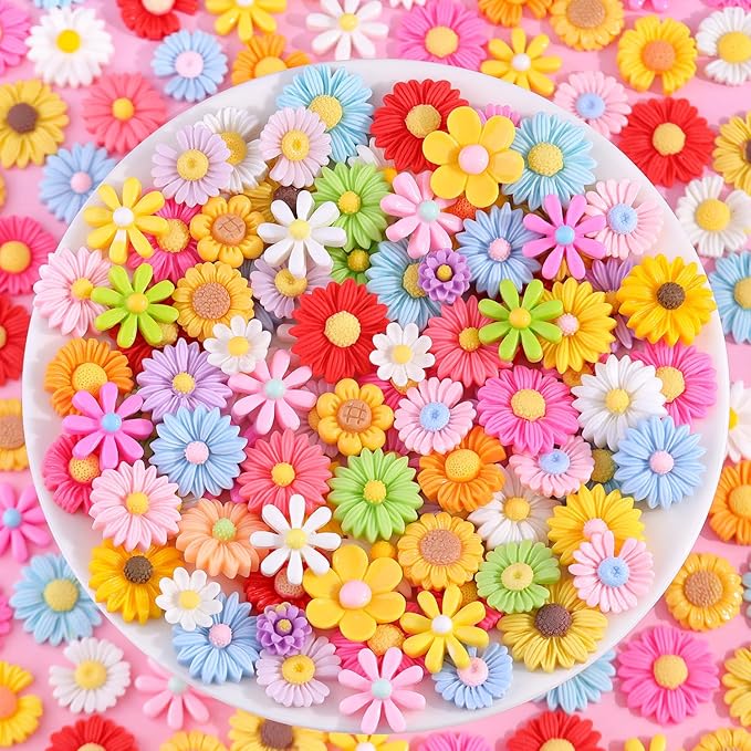 100PCS Flower Slime Charms Cute DaisyFlatback Resin Charms for Slime, Kawaii Random Decoden Charm for Embellishments Phone Junk Case Charms Bulk,Hairpins Scrapbooking Crafting DIY Decor