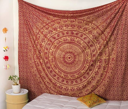 popular handicrafts twin mandala hippie gold psychedelic elephant tapestry wall hanging - indian maditation gypsy bohemian hippy dorm room decor maroon 82x54 inch