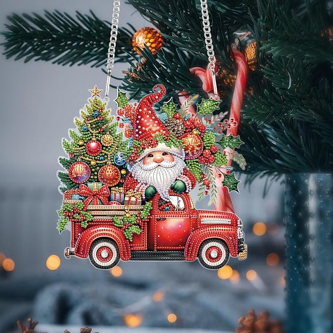 5D DIY Christmas Diamond Art Pendant Kit, Gnome, Christmas Tree & Car Design, Diamond Painting Hanging Ornament for Adults, Crystal Window & Door Decor, Holiday Gift Wall Home Decoration (24.1x23.4cm)