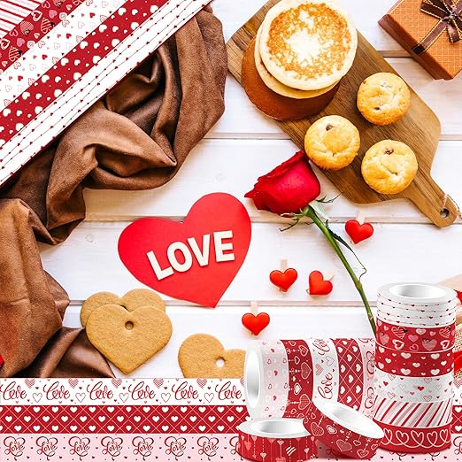 12 Rolls Love Heart Washi Tape Set, Red Stripe Checked Masking Tapes, Red Heart Decorative Tape for Journaling Supplies, Wedding Party, Junk Journal, Scrapbooking, Planner, DIY Arts Crafts 16.4FT