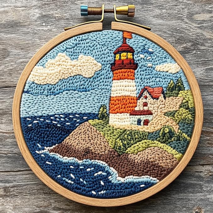 Punch Needle Kits Sea Lighthouse Easy for Beginners DIY Punch Needle Yarn Starter Embroidery Set for Craft Lovers with Printed Pattern and Hoop for Home Decor 20x20cm(2)