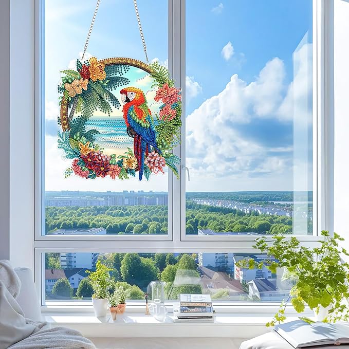 KEYIFA Parrot Diamond Painting Kit, DIY Beach Diamond Art for Adults, Diamonds Pendant Special Shaped Rhinestone Window Hanging Ornaments Home Garden Wall Door Decoration, 20cm Width
