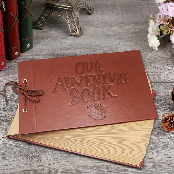 Adventure Book Handcrafted 11.92 x 7.62" Leather-Bound Scrapbook with 80 Pages, Embossed Lettering, Inspired by 'Up', Ideal for Photos, Weddings&Travel Memories Gift Box Included (Leather Scrapbook)