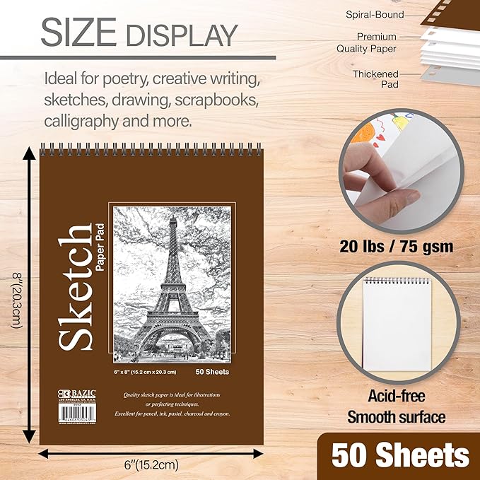 bazic products sketch pad, spiral sketchbook for artists & students, drawing pad with thick paper, sketching & drawing for kids, teens & adults, 50 sheets, 6" x 8", 2-pack