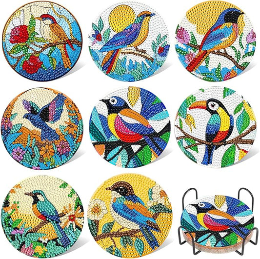 EWJRNSF 8 PCS Small Diamond Art Coasters Kits, Diamond Painting Coasters, Fall Diamond Art Kits for Adults Beginners, Arts and Crafts Item Sets with Holder for Drinks Bird Style