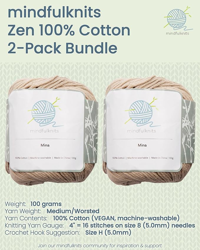 Knitting Yarn, Crochet Yarn, Mindfulness and Relaxation 100 Percent Cotton Yarn, Single Color 2-Pack - Medium Number 4 Worsted Bundle, Soft & Gentle for Garments, Amigurumi, Baby Items by mindfulknits