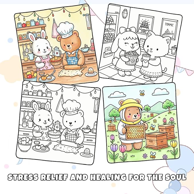 Cozy Coloring Book for Adults and Kids – Featuring Fuzzy’s Cute Animal Urban Life Moments, Bold and Easy, Simple Coloring Book for Teen Relaxation & Mindfulness Gift for Women, Spiral Bound Design