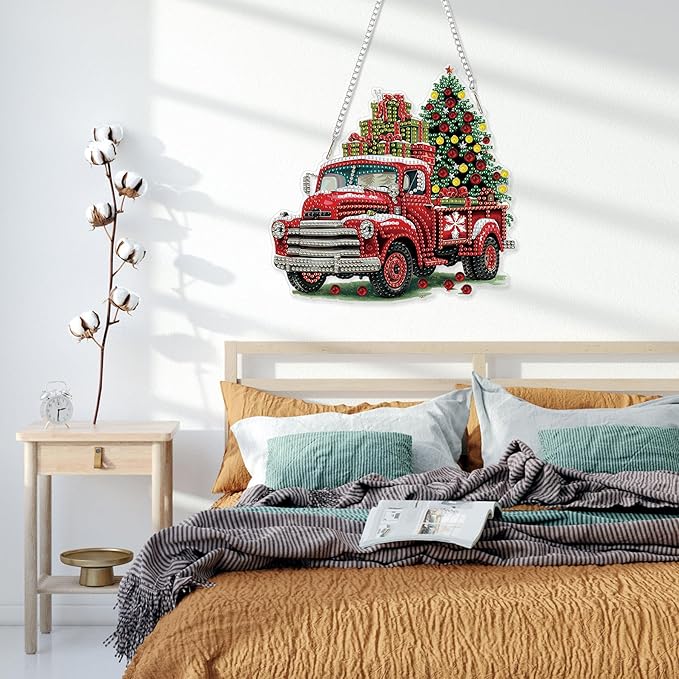 HEIBAGO Red Truck Diamond Art Hanging Kits for Adults Kids, 5D Special Shaped Crystal Diamond Painting Kit, DIY Pattern Window Pendant Gem Art Kit for Home Wall Decor 8.3 x 8.3 Inch