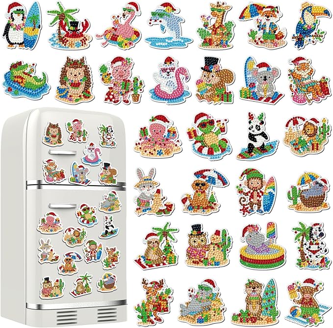 Xuhal 30 Pcs July Christmas Diamond Painting Magnets Beach Christmas Animal Diamond Art Magnets Kits for Adults 5D Rhinestone Summer Santa Hat Animal Refrigerator Magnetic Sticker for DIY Fridge Gifts