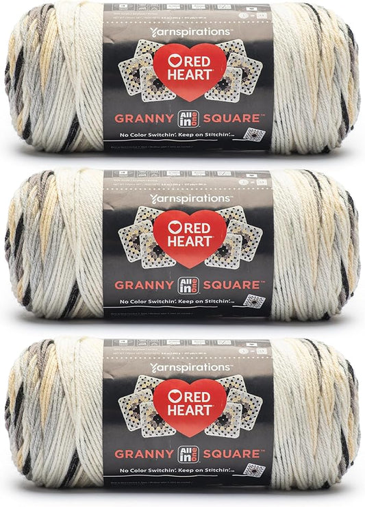 Red Heart All in One Granny Square Soft White - Shadow Yarn - 3 Pack of 250g/8.8oz - 100% Acrylic - #4 Worsted (Medium) - 381m/417Yards - for Knitting, Crochet and Amigurumi