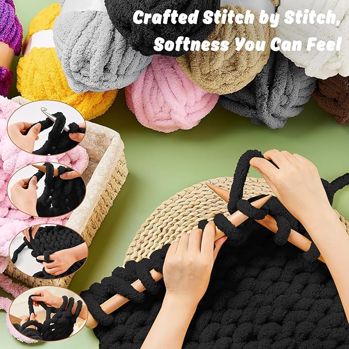 Inhand 8 Pack Chunky Chenille Yarn for Crocheting–30.6 Yards, 7.7oz, Soft Fluffy Thick Yarn,Gifts for Men/Women Birthday Christmas Unique,Hand Knitting for Blankets&DIY Crafts (Black)