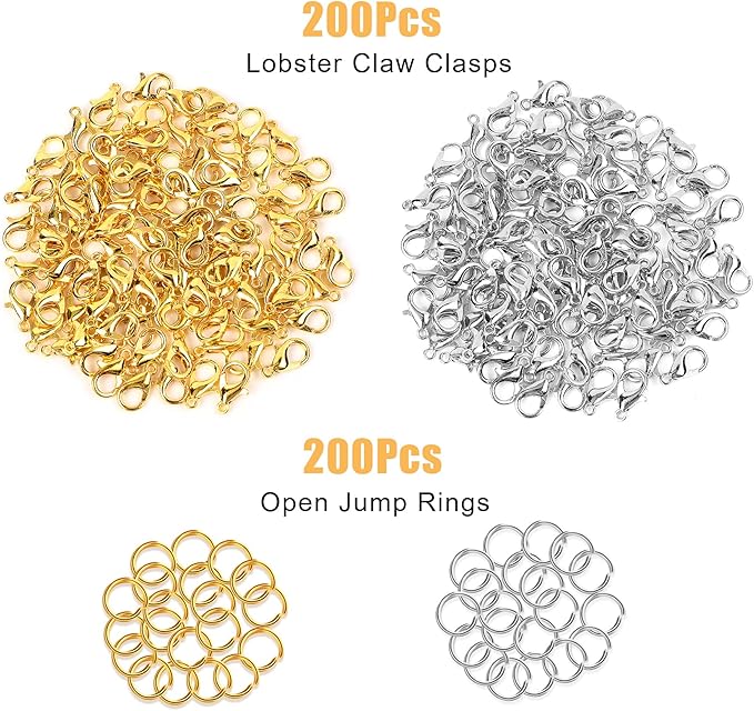 400PCS Jewelry Clasps with Open Jump Rings, Lobster Claw Clasps Silver & Gold Bracelet Necklace Clasps for DIY Jewelry Making, 12mmX7mm