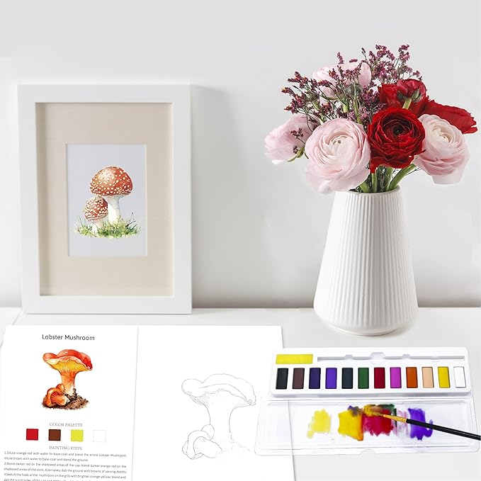 CraftyManor Watercolor Workbook Creative Insect Water Color Paint Book Set with Paints & Brush, 12 Patterns of Original DIY Designs, Beginner-Friendly Adult Coloring Books (Mushroom)