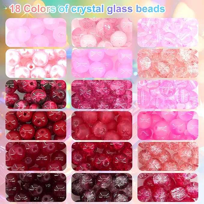 Hanyoung Valentines 8mm Glass Beads for Bracelet,18 Colors 450 pcs Red and Pink Beads for Jewelry Making kit, Crystal Glass Round Beads for DIY Crafts Gifts (Red Color)