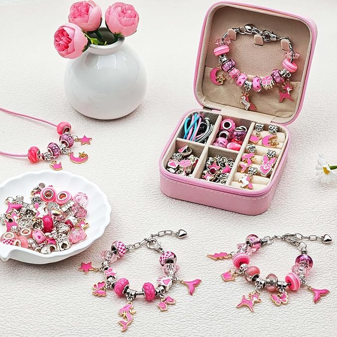 ONADEBY Charm Bracelet Making Kit - Pink DIY Jewelry Making Kit for Girls, Friendship Bracelet Kit with Portable Jewelry Box Bag Packing for Birthday Christmas New Years Easter Valentine Craft Gifts