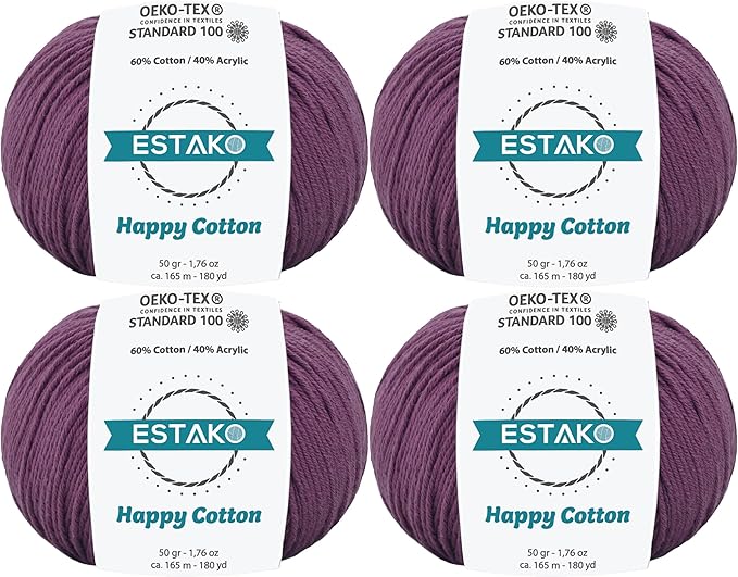 Estako Happy Cotton, (4 Skeins Pack) 60% Cotton 40% Acrylic Yarn, Soft, Fine/Sport (2) for Crochet and Knitting (4 x 1.76 Oz) / (4 x 180 Yrds) (4620 - Plum)