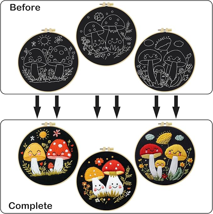 57lilina embroidery kit for beginners, pack of 3 with hoops, threads, needles - starter cross stitch supplies for adults, gift for relaxation craft lovers, mushroom theme
