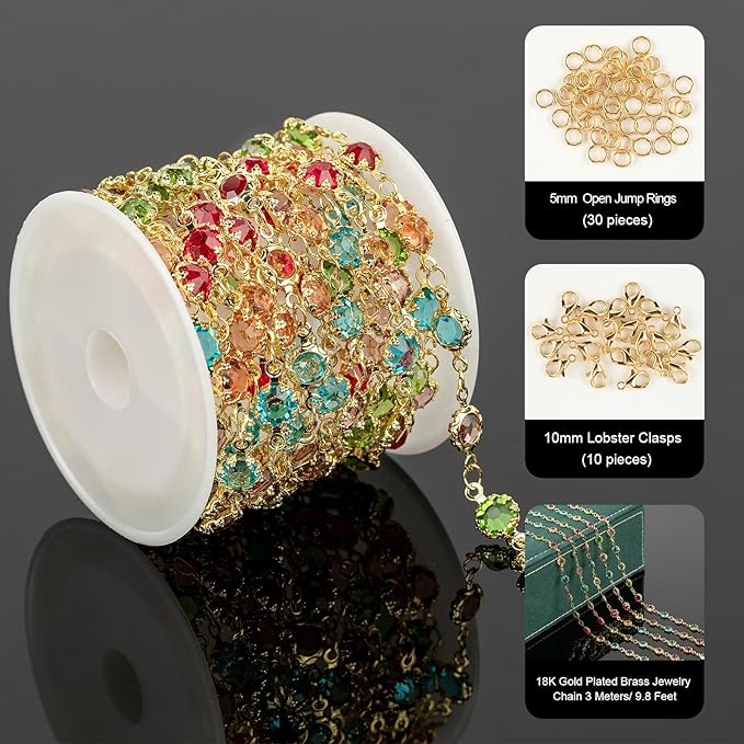 UMAOKANG Colorful Crystal Jewelry Chains Bulk 18K Gold Plated Brass Chain for Jewelry Making Women Necklace Bracelet DIY Craft Chain Roll