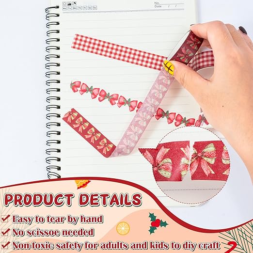 Christmas Bow Washi Tape - 12 Rolls Festive Holiday Designs with Holly Candy Cane Patterns, Easy Tear & Acid Free Adhesive for for Gift Wrapping, Scrapbook, Journal Decor & DIY Projects