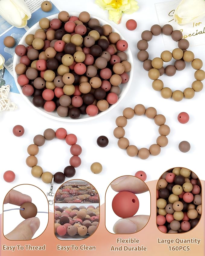 160pcs fiveizero 15mm silicone beads for keychain making - mixed color round rubber beads bulk, diy craft supplies for bracelets necklaces pens(brown)