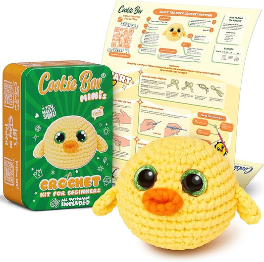 Cookie Box MINIs Crochet Kit for Beginners – Gift Set to Make Duck Daisy Amigurumi Plushie – Easy DIY Crochet & Knitting Starter Kit with Printed Instructions & Step-by-Step Video Tutorial
