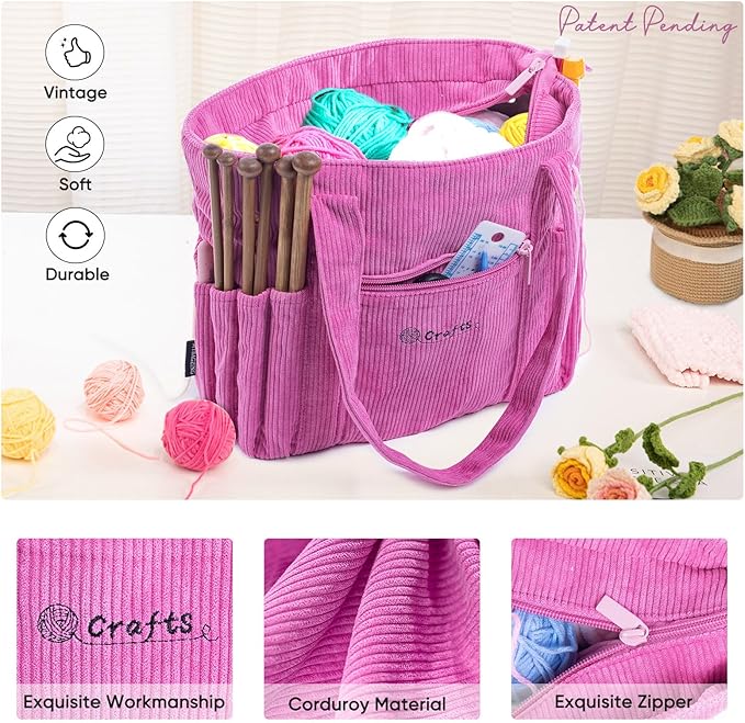 Crochet Bag and Tote - Corduroy Yarn Bag - Yarn Holder for Crocheting - Crochet Storage Bag for Crochet Hooks, Crochet Accessories, Knitting Bag for Crochet Lovers, Mom Gift