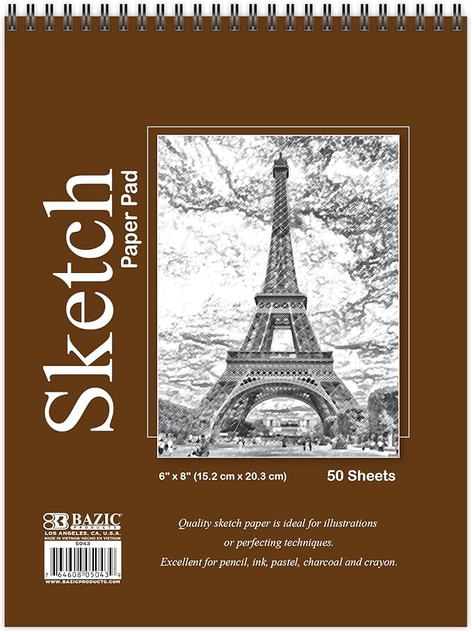 bazic products sketch pad, spiral sketchbook for artists & students, drawing pad with thick paper, sketching & drawing for kids, teens & adults, 50 sheets, 6" x 8", 1-pack