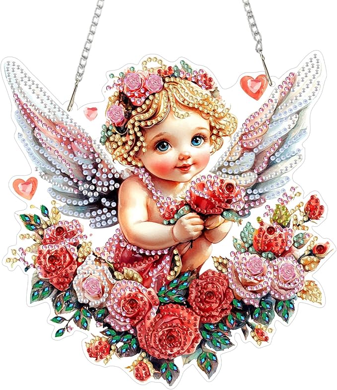 KEYIFA Angel Hanging Diamond Art Painting Kits for Adults and Kids Age 8-12, 5D Special Shape Diamond Dots Kit Rose Crystal Gem Painting Art Crafts for Window, Wall, Door, Garden Decor