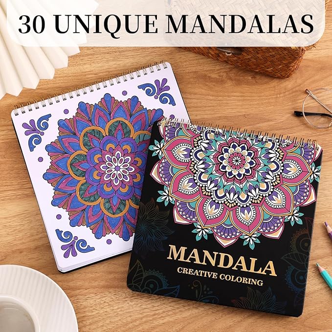 Mandala Coloring Book for Adults Relaxation and Teens Stress Relief, Spiral Coloring Book for Women, Hard Cover Spiral Bound Mindfulness Stress-Free Patterns for Adult to Relax Relieve Anxiety Gifts