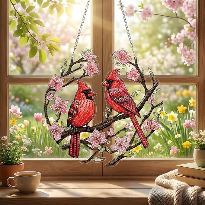 DIY Hanging Diamond Pendant Special Shaped Crystal Diamond Art Painting Ornament Single Sided for Window Home Garden Wall Door Decor (Large-Cardinal)