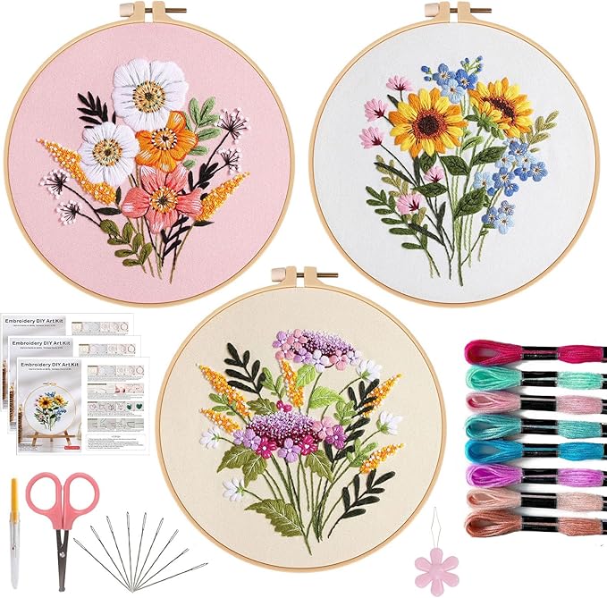 Offizon 3 PCS Embroidery Kit for Beginners - Cross Stitch DIY Craft Set, Flower Embroidery Accessories & Hoop Included, Hand Embroidery Kit for Adults Stitching Sewing Kit Gift | FlowerB Patterns