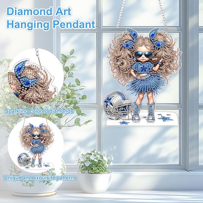 TOSTOG Rugby Girl Diamond Art Hanging Kits for Adults, American Football Diamond Painting for Adults Window Pendant, Special Shape Diamonds Diamond Painting Hanging Pendant Kit for Decor Gift