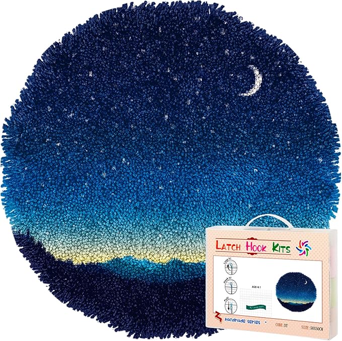Latch Hook Rug Kit Stars Night Sky Moon Stamped Handmade Round Shape Carpet Crochet Yarn Craft DIY Hook and Latch Door Mat Tapestry for Home Floor Decor 50x50cm